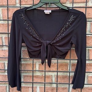 Y2K Lipstick Boutique Black Long-Sleeve Tie-Front Crop Top with Stud Accents